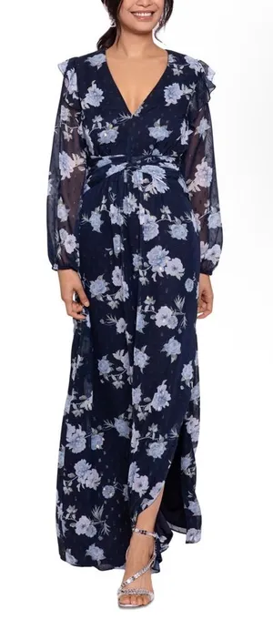 Betsy & Adam Floral Maxi Dress Navy‎ Blue Size 2 NWT Wedding Guest thumbnail 1