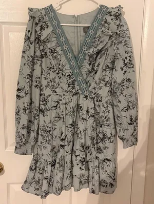 Anthropologie Mint Green Floral Mini Dress with Black Print thumbnail 1