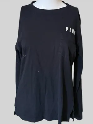 PINK Victoria's Secret Black Long-Sleeve Pocket Tee with White Logo thumbnail 1