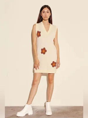 Miss Sparkling Cream Brown Floral V Neck Sleeveless Knit Sweater Mini Dress NWT thumbnail 4
