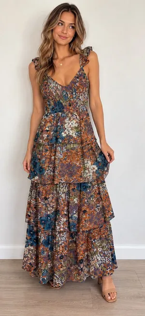 🌻 Willow & Root Tiered Floral Maxi Dress Size Small Boho Ruffle Strap 🌻 thumbnail 1