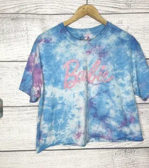 Barbie Tie Dye Cropped T-Shirt Top - Blue Pink Purple Size Large thumbnail 1