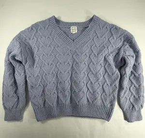 Hippy Rose Heart Cable Knit Sweater Lavender Purple V-Neck Cropped Cozy Womens M thumbnail 1