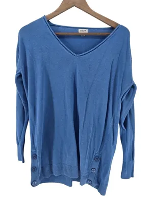 J.Crew Linen Sweater Womens M V-Neck Blue Side Button EUC thumbnail 1
