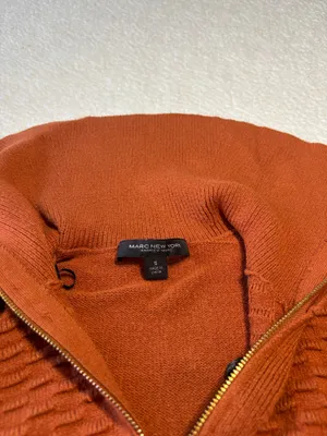 Marc New York orange zip up sweater with textured ribbed knit pattern and chunky collar size S thumbnail 4
