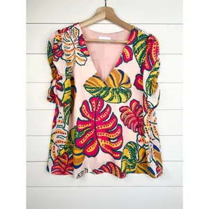 Adrienne Tropical Palm Print V-Neck Half Puff Sleeves Blouse Top Size Medium thumbnail 3