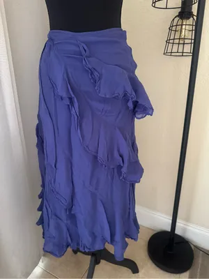 Anthropologie Indigo Ruffle Wrap Maxi Skirt High Slit Boho Romantic Size thumbnail 5