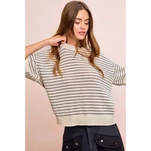 BiBi Stripes Short Sleeves Rib Banded Outseam Knit Top‎ - Cream/Grey - Medium thumbnail 12