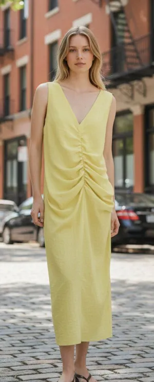 NWOT Zara Center Ruched Detail V-Neck Wide Straps Yellow Midi Dress Small thumbnail 1