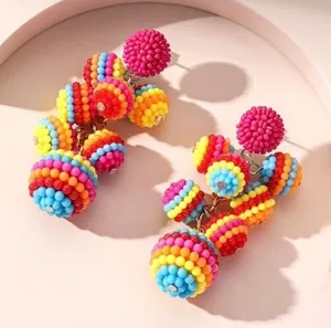 Colorful‎ Beaded Ball Drop Earrings Multicolor Rainbow Festival Boho Resortwear thumbnail 1