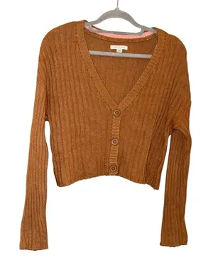 American eagle‎ ribbed cropped boxy button up cardigan brown size small thumbnail 1