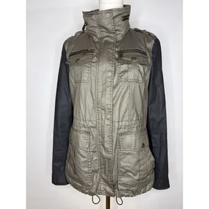 Michael Kors Women Olive Green Black Mixed Media Utility Jacket Small Brass Zip thumbnail 2