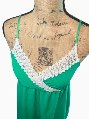Green Babydoll Dress with White Lace Trim & Adjustable Straps thumbnail 4