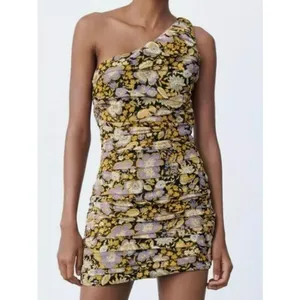 Zara Women Metallic Floral One Shoulder Mini Ruffle‎ Bodycon Dress Multicolor M thumbnail 3