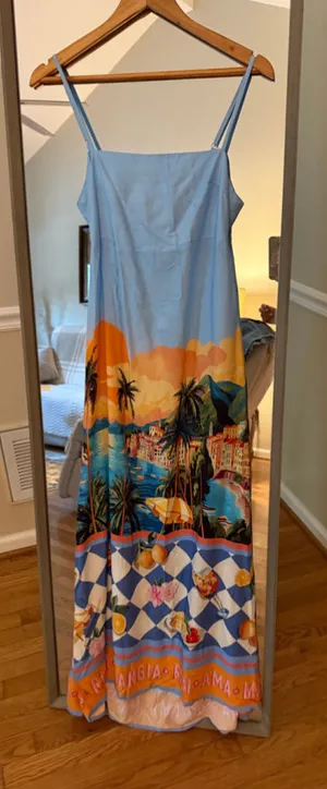 Women's Paper Heart Maxi Dress XS Blue Orange Coastal Print thumbnail 1