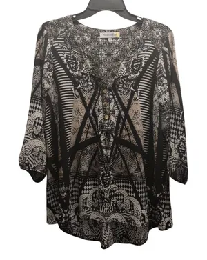 Figueroa & Flower Size M Anthropologie Mixed Print Black Tan 3/4 Sleeve Popover thumbnail 1