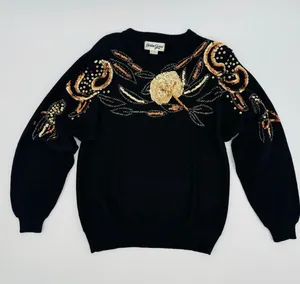 1980’s Christine Gerard Black Gold Sequin Beaded Embellished Sweater Size S thumbnail 1