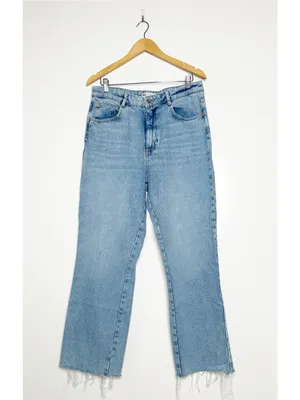 Zara High Rise Raw Hem Straight Leg Jeans Light Wash Size 12 thumbnail 2