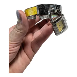 Vtg Y2K Silver Metal Yellow Faux Leather Cuff Bracelet Dangling Padlock Watch thumbnail 2