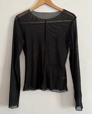 Black Sheer Mesh Asymmetrical Seamed Long Sleeve Top Small Goth Industrial Rave thumbnail 1