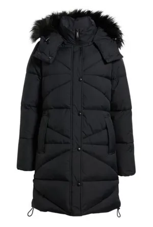 Sam Edelman Puffer Jacket Women Small Black Faux Fur Hood‎ Parka Winter Coat thumbnail 1
