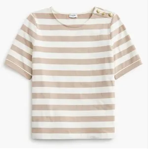 J. Crew Striped Cotton Short Sleeve Tee Shirt Gold Buttons Cream Tan Small thumbnail 1