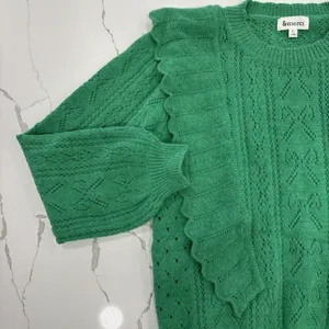&Merci Sweater Womens Size Large Green Ruffles Pointelle Long Sleeve thumbnail 3
