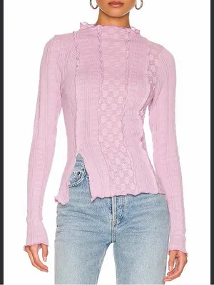 Free People Light Pink Ruffled Cable Knit Mock Turtleneck Sweater thumbnail 1