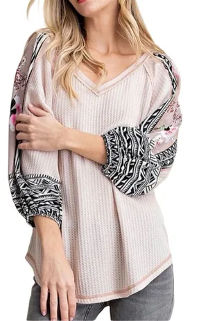 Kori Thermal Waffle Knit Mixed Print Tunic Top Blush Pink Size Large thumbnail 1