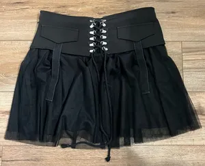 Black Lace-Up Tulle Mini Skirt with Utility Flap Details thumbnail 1