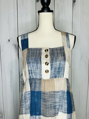 Easel Los Angeles Patchwork Midi Dress Womens Sz L Blue Tan Boho Textured NWT thumbnail 2