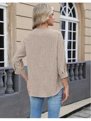 NEW Cotton Linen 3/4 Sleeve Button Down V Neck Pleated Shirt Top L thumbnail 2