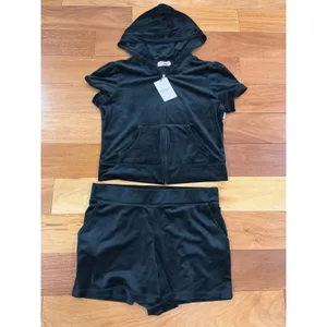 Juicy Couture NWT Tracksuit Set Womens Black Velour Rhinestone Hoodie Shorts L thumbnail 3