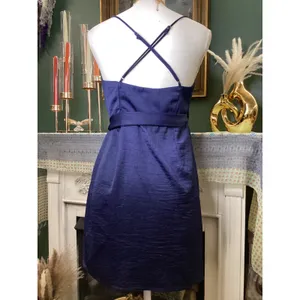Hello Molly Navy Blue Satin‎ Wrap Mini Dress Side Tie Surplice V-Neck Size 4 S thumbnail 3