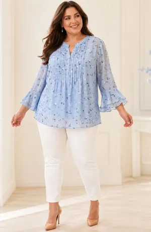 Charter Club XL Blue Floral Pintuck Bell Sleeve Tunic Blouse Boho Cottagecore thumbnail 1