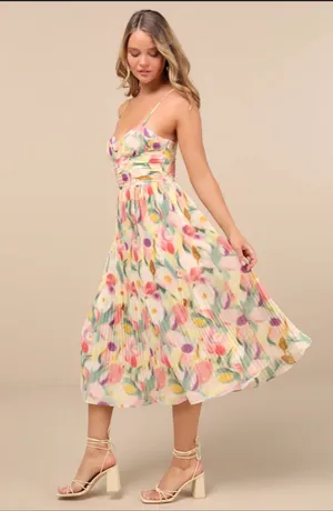 Lulus Aleyna Yellow Abstract Pleated Lace-Up Bustier Midi Dress thumbnail 2