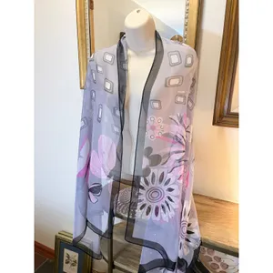 Okinawa Japan Scarf Grey Pink Butterfly Floral Sheer Geometric Print OS thumbnail 11