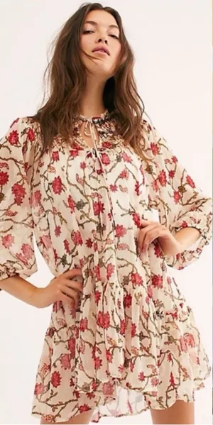 Free People Keeping Up With Kara Semi Sheer Bohemian Floral Tunic Sz Large 🧡🍄 thumbnail 1