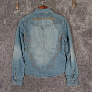 Harley-Davidson Blue Embroidered Button-Down Shirt Denium Costal Womens M thumbnail 4