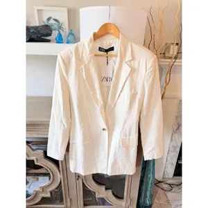 Zara‎ Linen Blend Blazer Women Cream Large 9929/225/712 New With Tags thumbnail 2