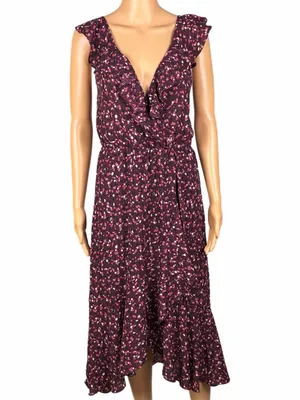 SOCIALITE Burgundy Surplice Faux-Wrap Asymmetrical Ruffle Midi Dress Small thumbnail 2
