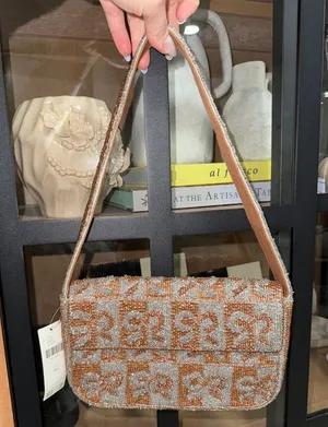 Anthropologie Fiona beaded shoulder bag bows metallic bronze mixed coquette thumbnail 1