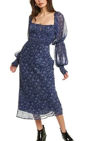 Free People Aglow Smocked Dress Sz SM Blue Floral Boho Cottage thumbnail 1