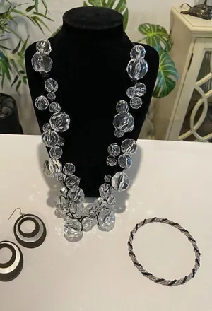 Faceted clear bead necklace, Silver & Black‎ bangle bracelet and dangle earrings thumbnail 1