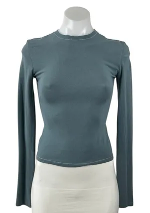 Skims Blue Long Sleeve Slim Mock Neck Knit Stretch T Shirt Tee Top Size XS thumbnail 1