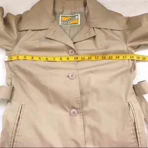 Vintage 90s Beige Tan Khaki Trench Coat English Preppy Minimalist Streetwear Old Money Quiet Luxury Jacket belted. Great condition Women 7/8 Measurement in pics , Length:44” thumbnail 7