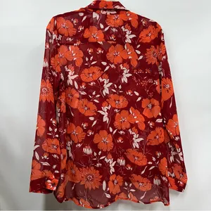Cabi size M hot house red Orange blouse sheer floral button up long sleeve top thumbnail 2