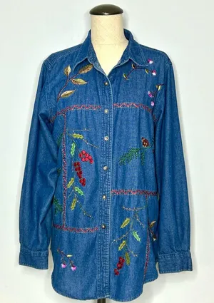 90’s Embroidered Denim Button Down Shirt with Holiday Berries, Leaves, sz Medium thumbnail 1