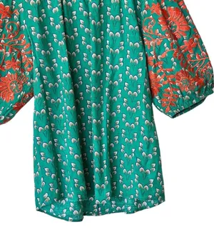 THML Verde S Mock Neck Embroidered floral Puff Sleeve Green blouse thumbnail 7