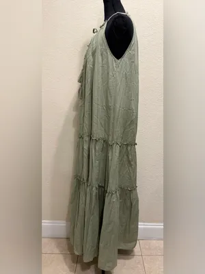 Zara Tiered Maxi Dress Halter Tassel Open Back Boho Resort Vacation XS Sage thumbnail 5